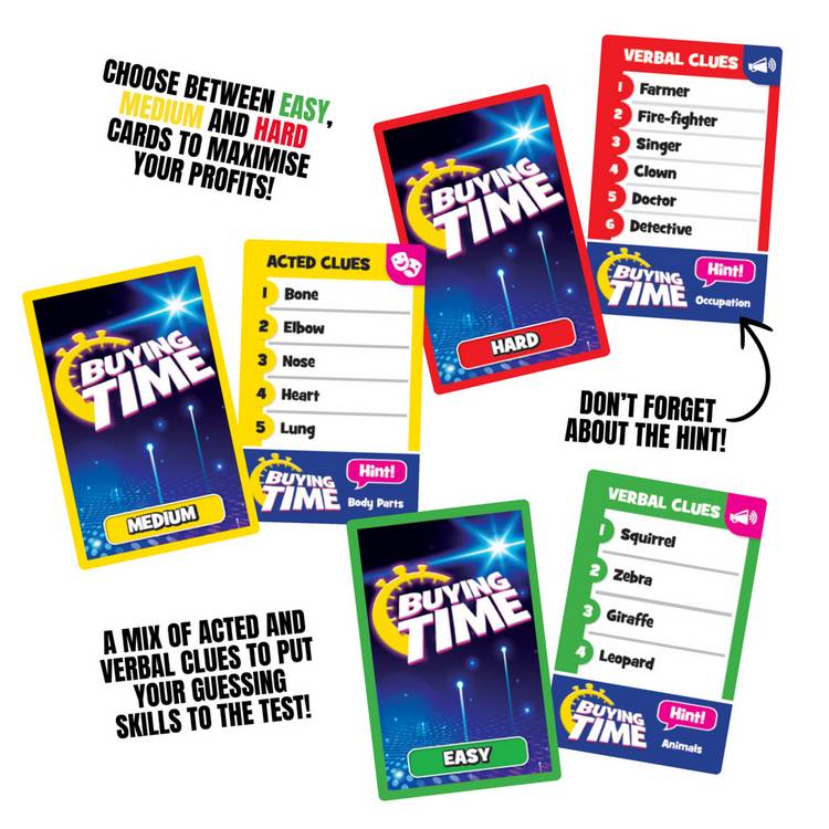 Buying Time party game with device and clue cards - British product