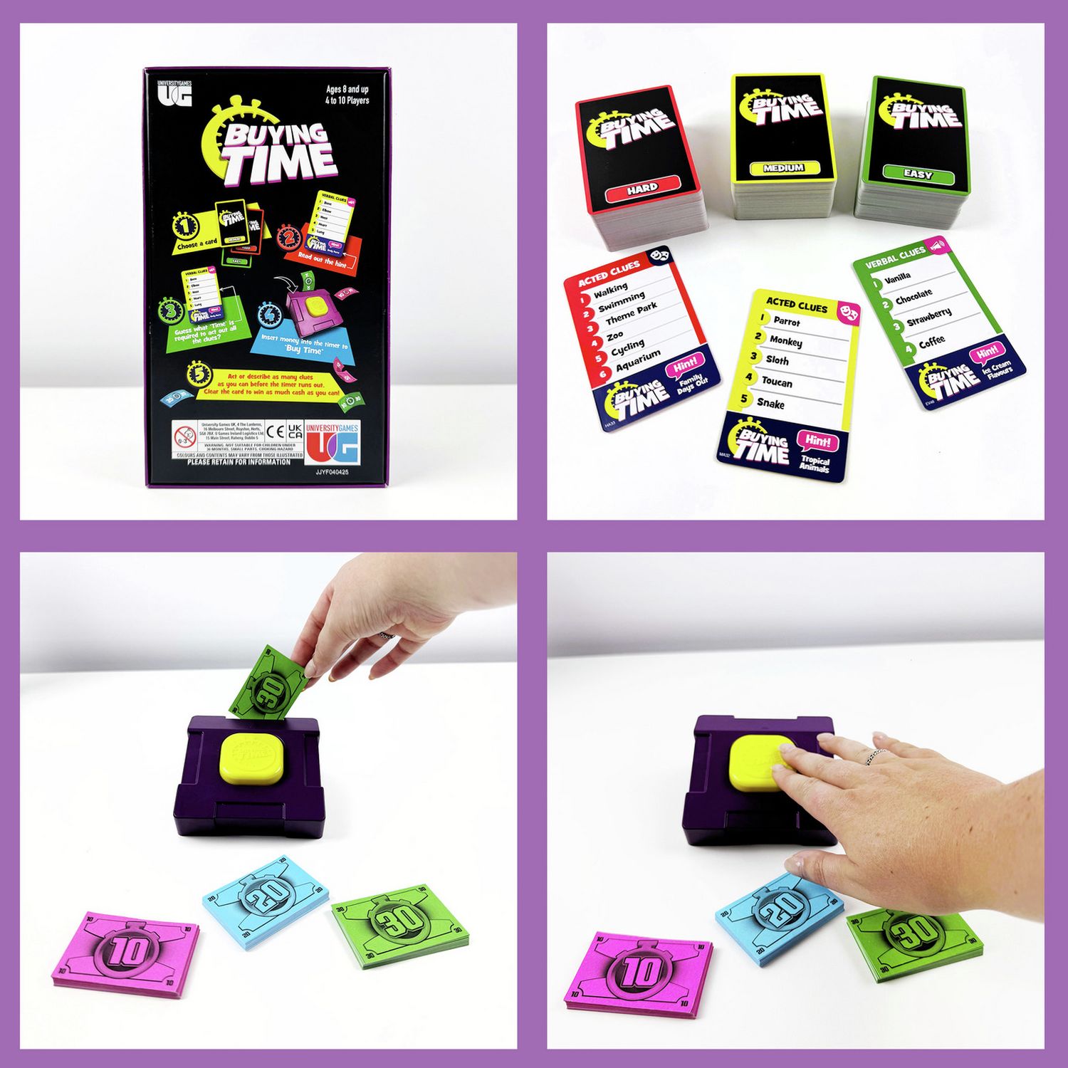 Buying Time party game with device and clue cards - British product