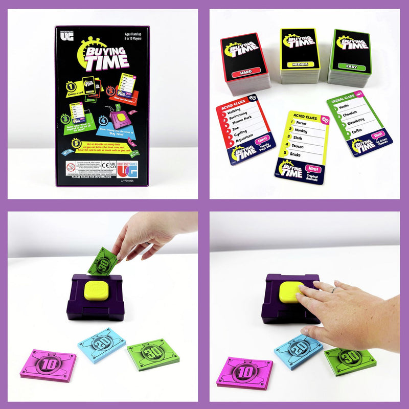 Buying Time party game with device and clue cards - British product