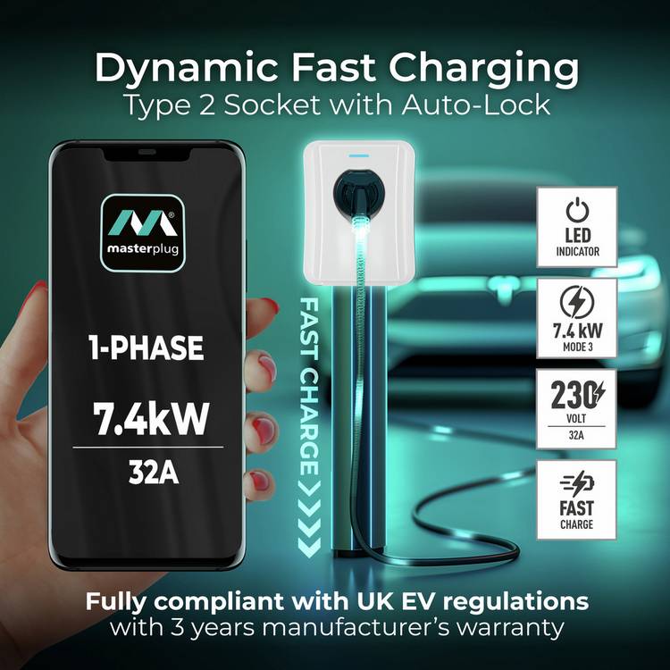 Masterplug white EV charger Type 2 7.4kW, imported from the UK