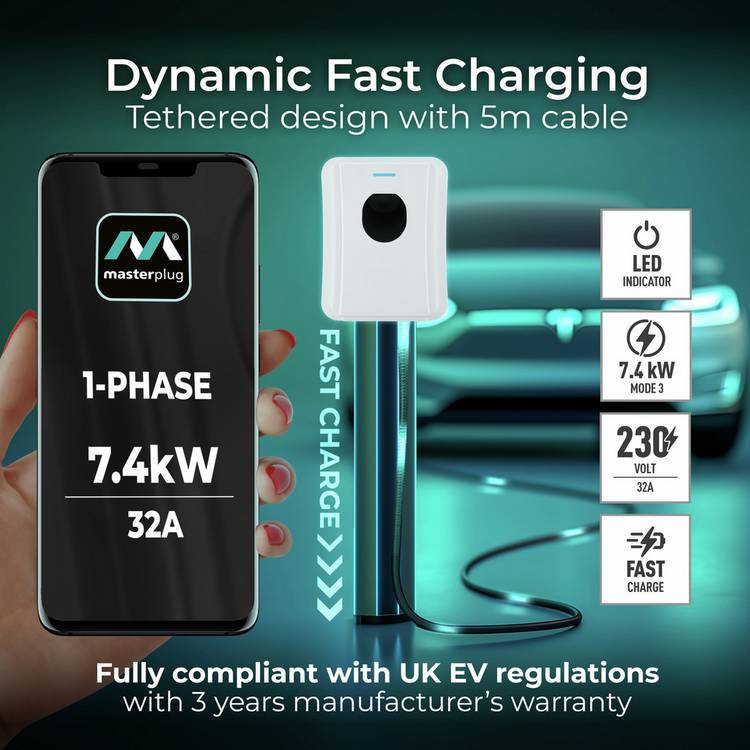 Masterplug Type 2 7.4kW tethered EV charger 5m - British product