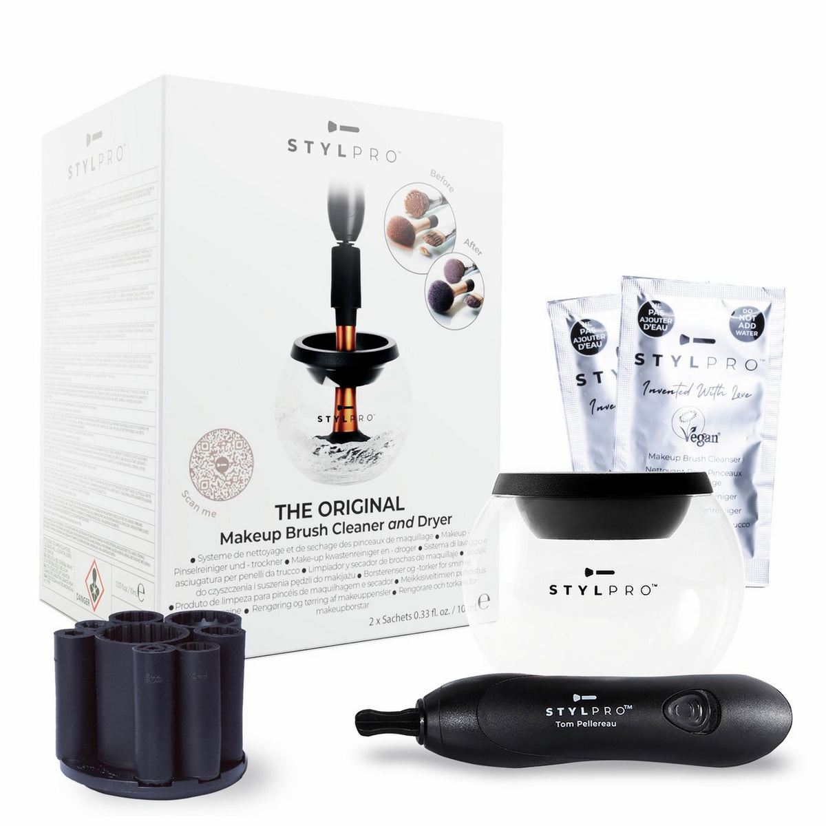STYLPRO make-up brush cleaner set with collars, UK version