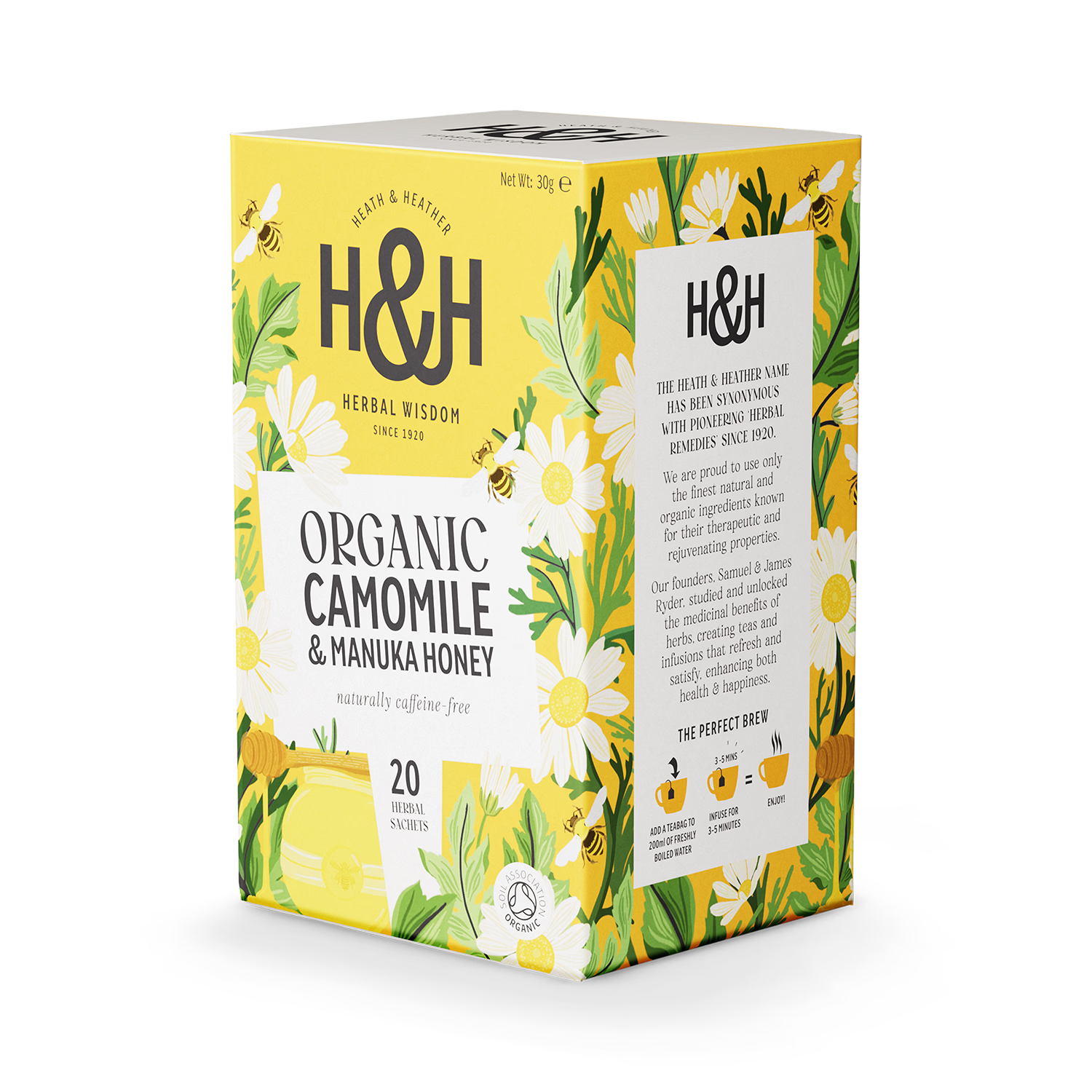 Heath & Heather Organic Camomile Manuka Honey tea bags 20, UK version