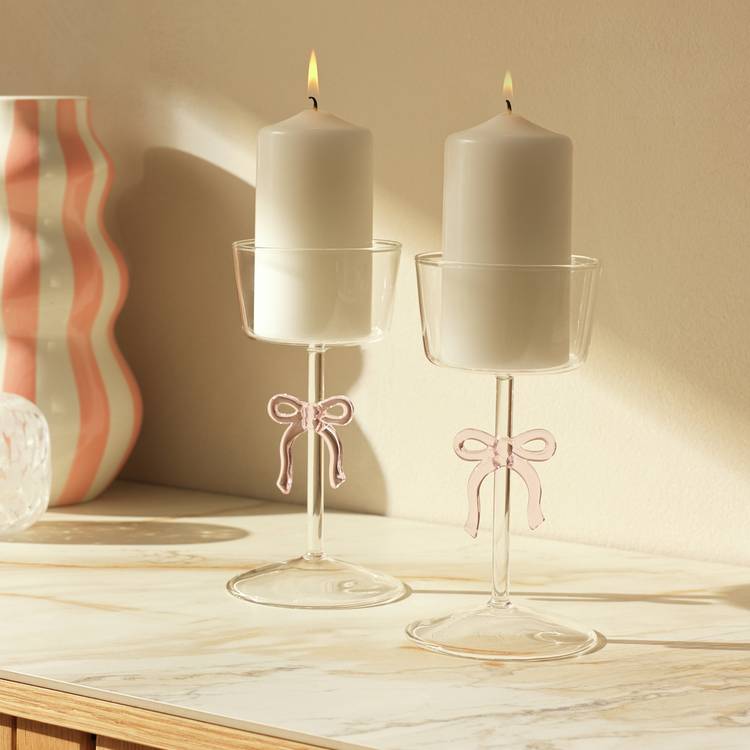 Argos Home glass candle holders with pink ribbon set of 2 (British brand)