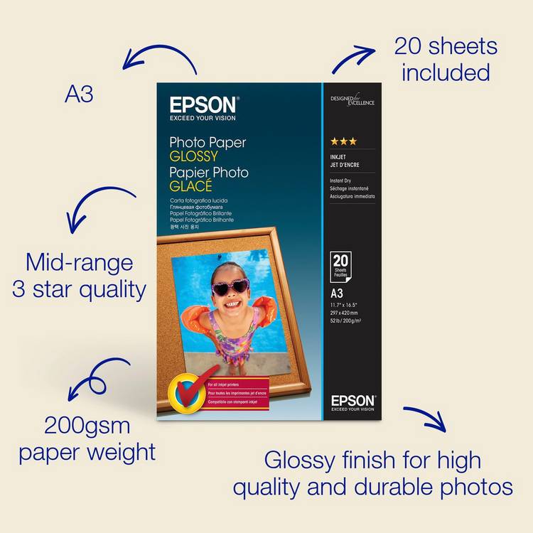 Epson A3 glossy photo paper 20 sheets, imported from the UK