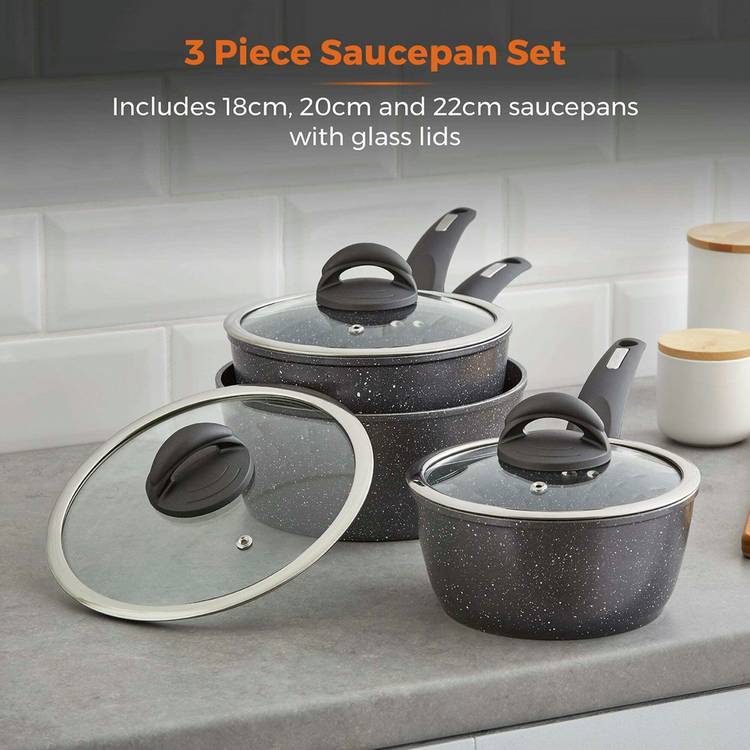 Tower Cerastone 3 piece aluminium saucepan set black, imported from the UK