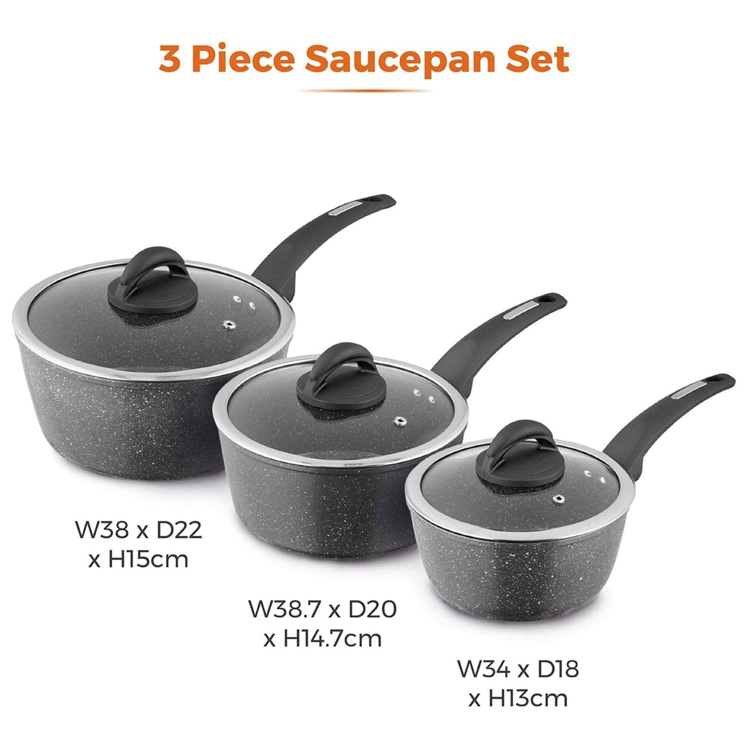 Tower Cerastone 3 piece aluminium saucepan set black, imported from the UK