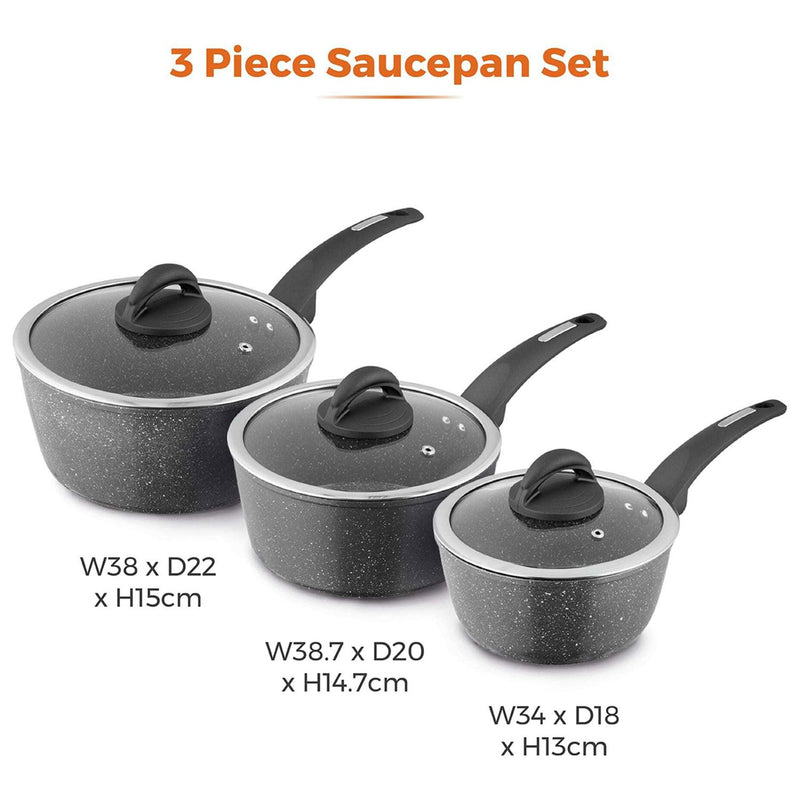 Tower Cerastone 3 piece aluminium saucepan set black, imported from the UK