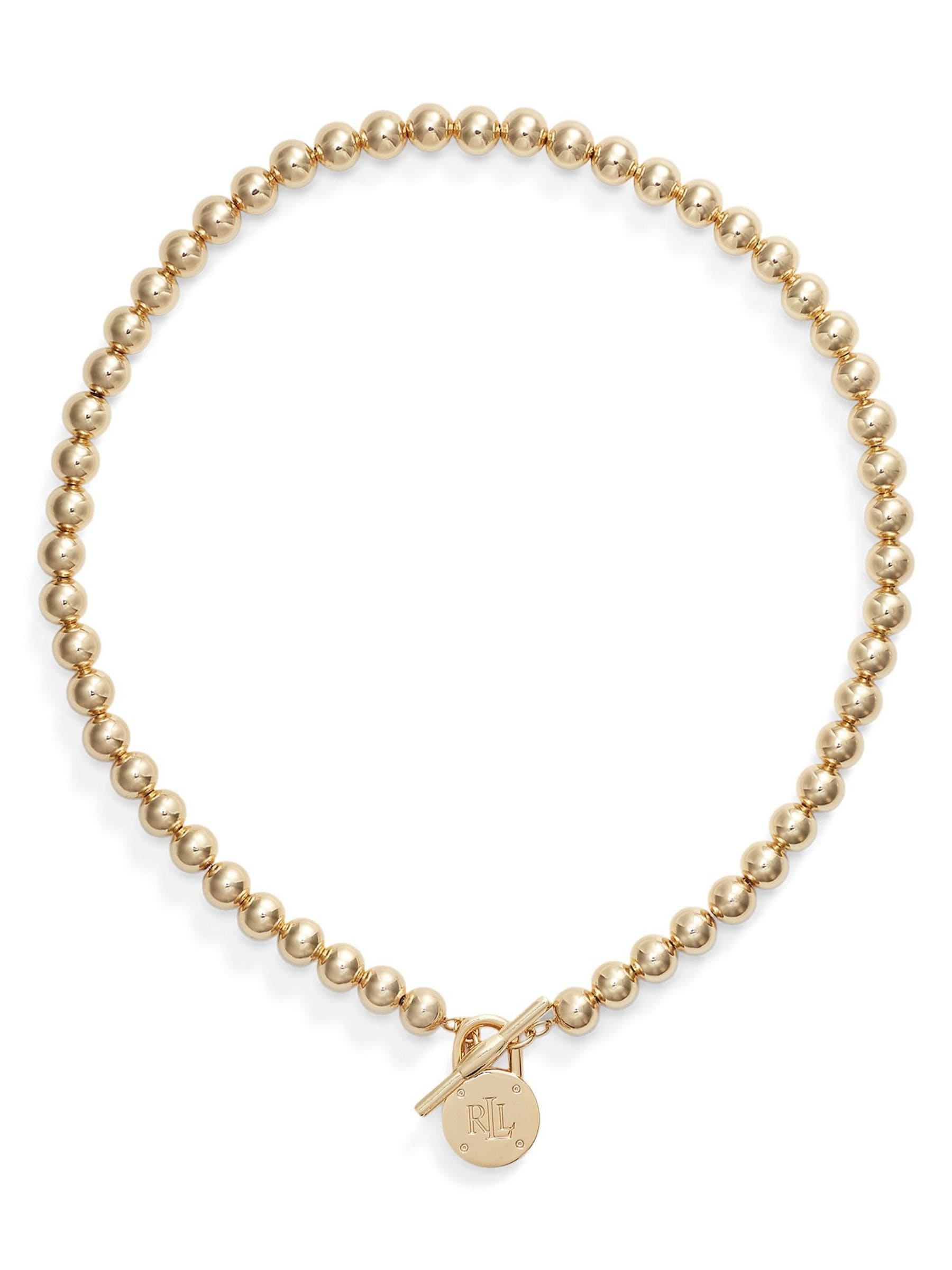 Lauren Ralph Lauren gold bead necklace with engraved pendant, UK version