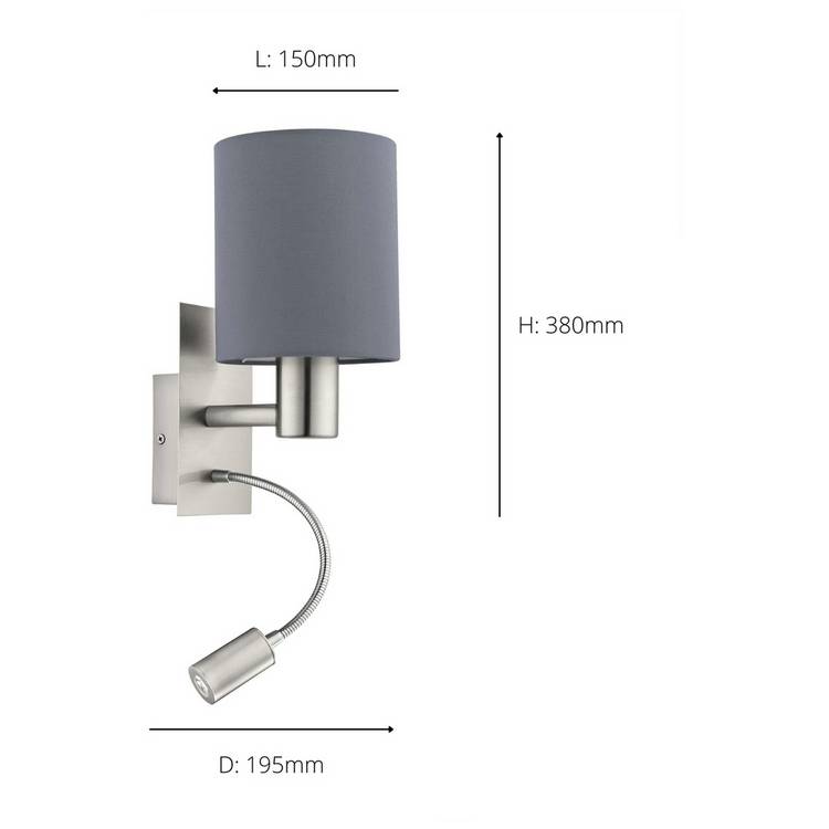 EGLO Pasteri grey wall light with reading light, UK version