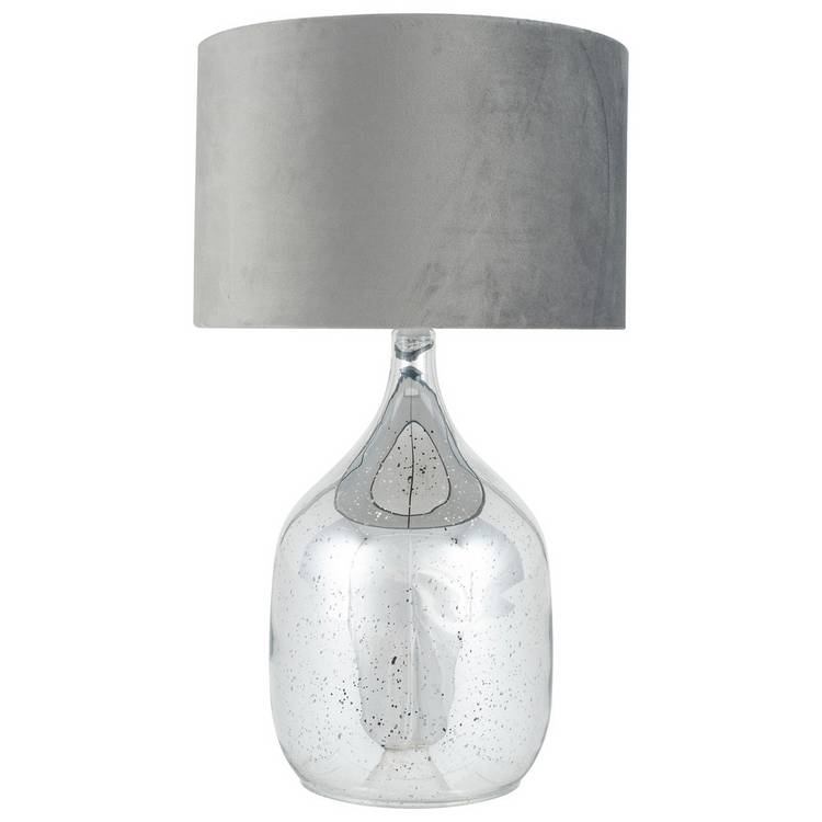 Pacific silver table lamp with glass base and velvet shade, imported from the UK