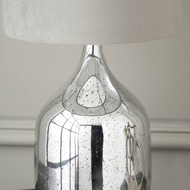 Pacific silver table lamp with glass base and velvet shade, imported from the UK