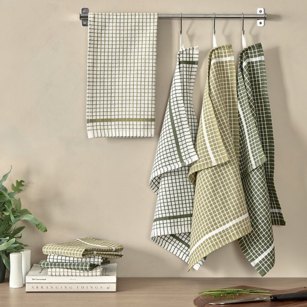 Argos Home green grid tea towels pack of 8 66x46cm (British brand)
