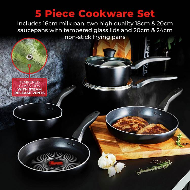 Tower SmartStart Gourmet 5 piece aluminium pan set black - British product