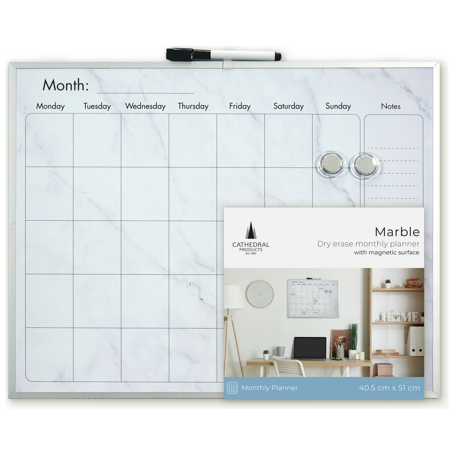 Cathedral marble effect magnetic calendar board 40.5x51cm (British brand)