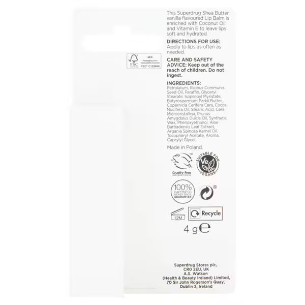 Superdrug shea butter lip balm 4g (British brand)
