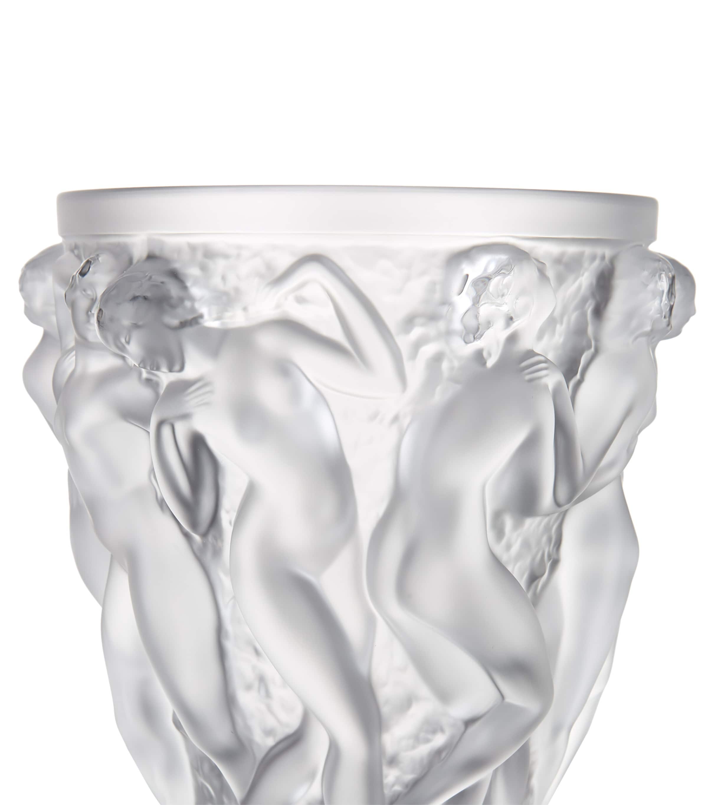 Lalique crystal vase with embossed Bacchus design 24cm height, UK version
