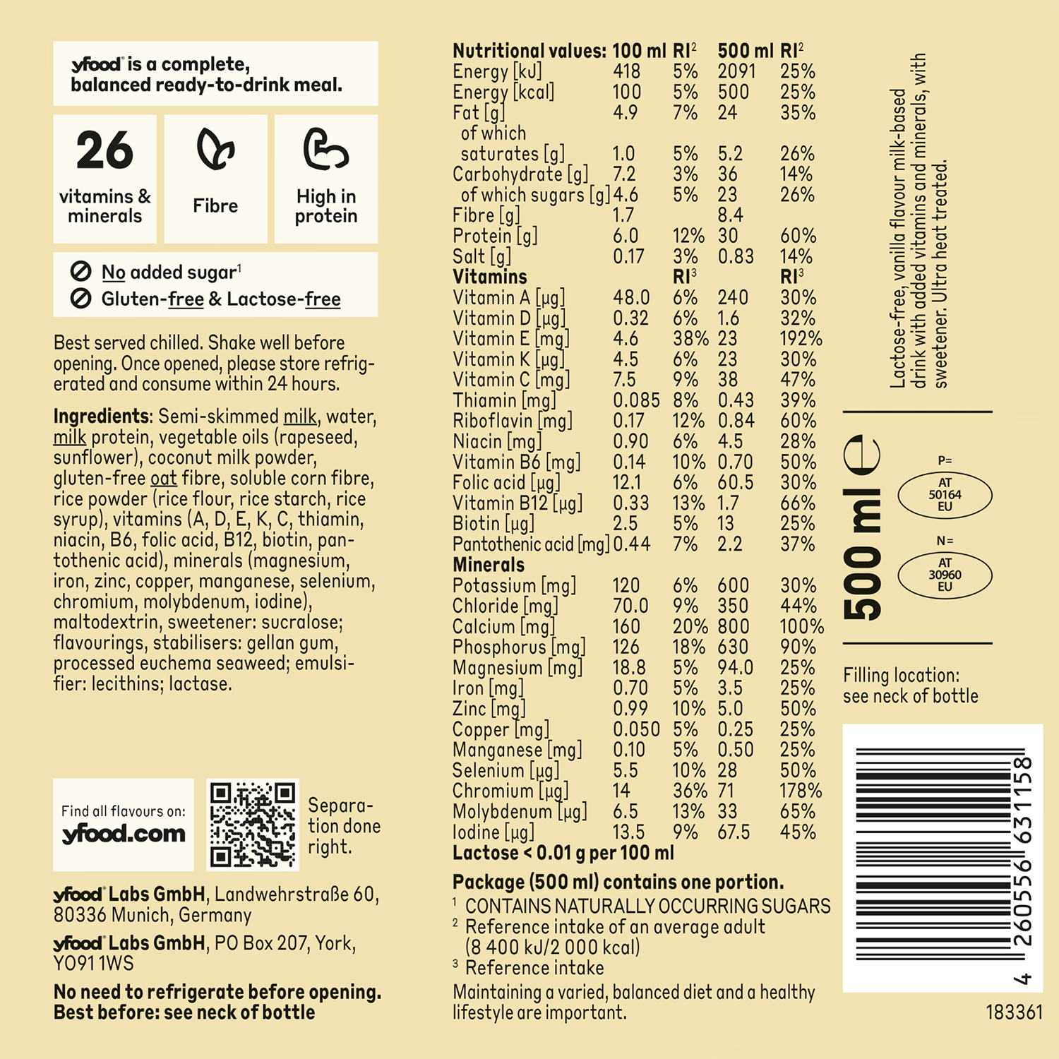 Yfood vanilla complete meal drink 500ml (British brand)