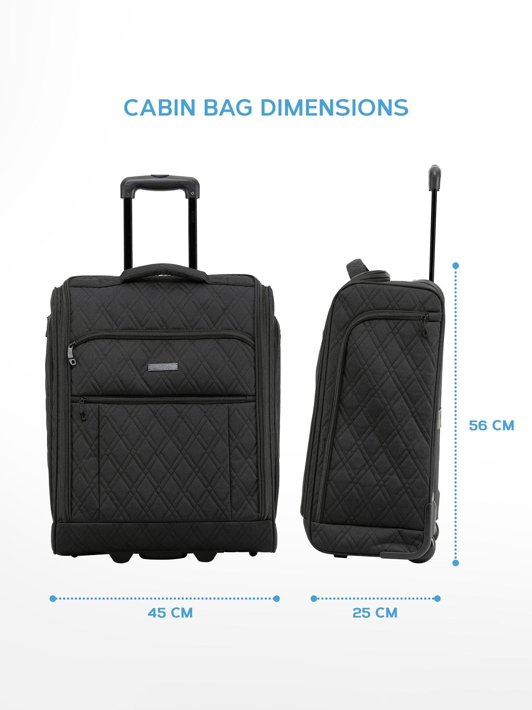 Flight Knight black quilted cabin suitcase 56x45x25cm, imported from the UK