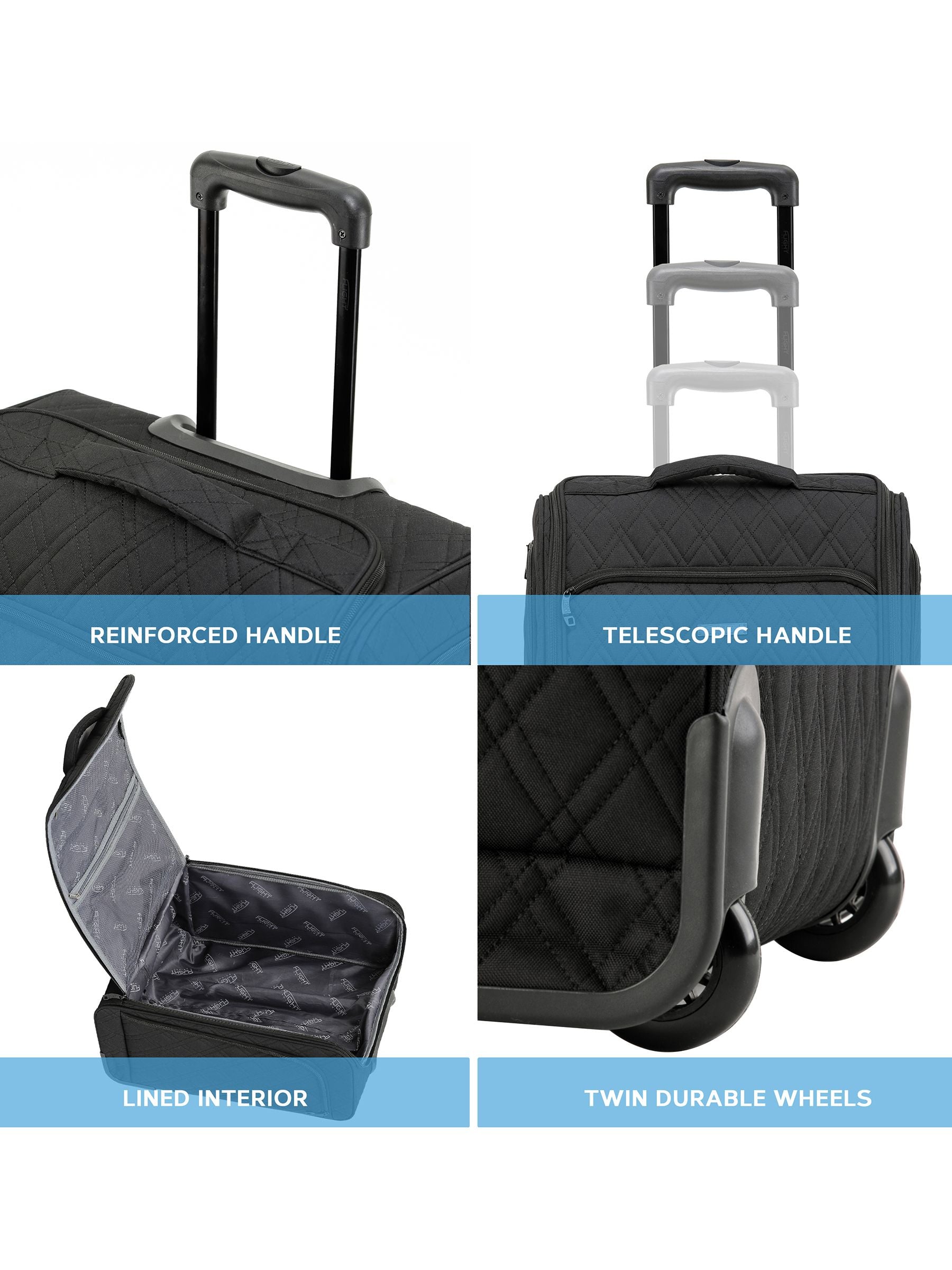 Flight Knight black quilted cabin suitcase 56x45x25cm, imported from the UK