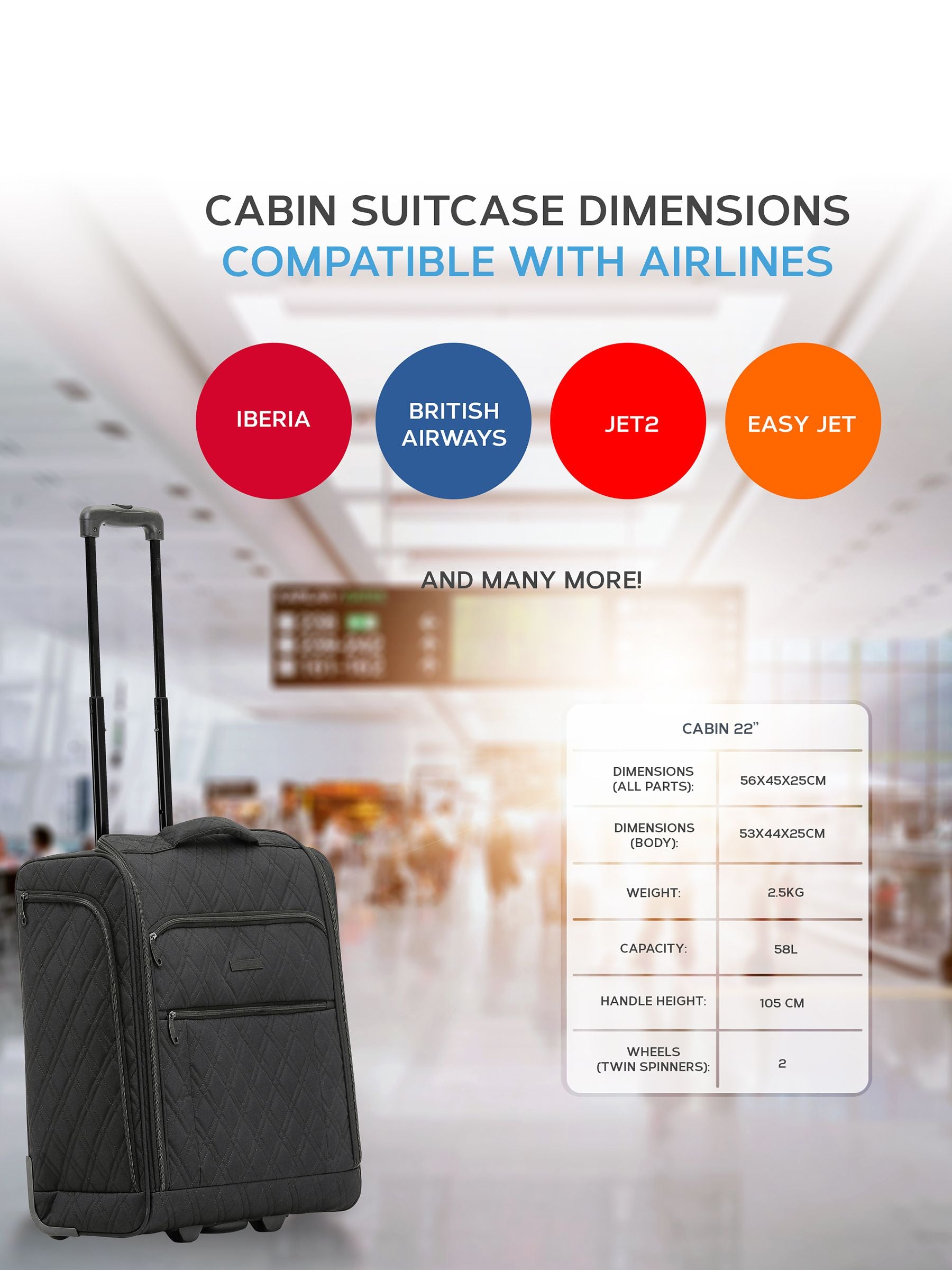 Flight Knight black quilted cabin suitcase 56x45x25cm, imported from the UK