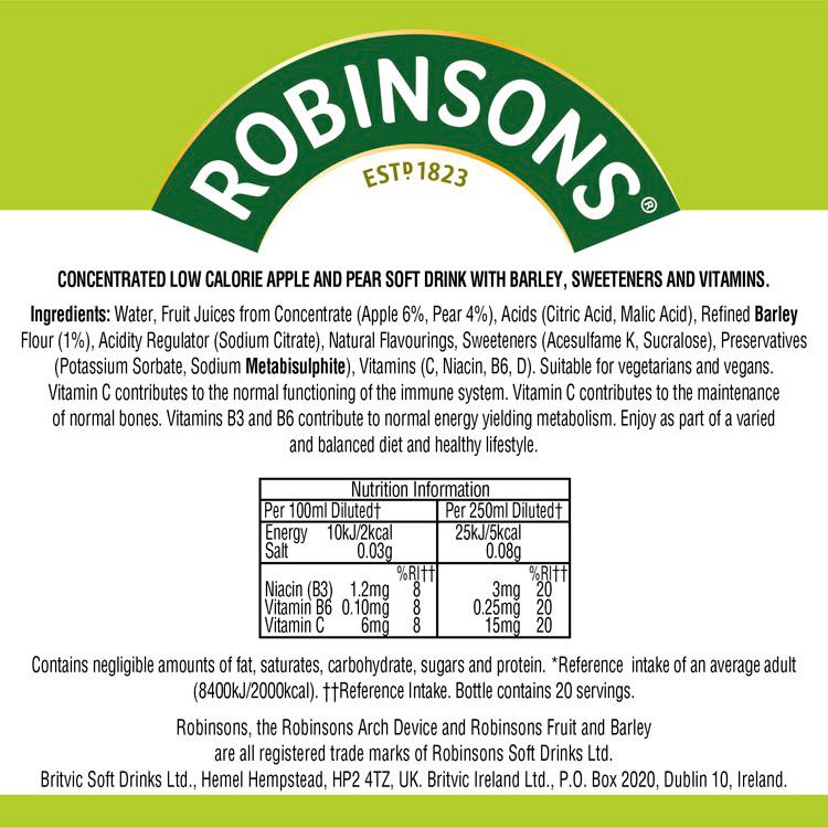Robinsons Apple & Pear squash no added sugar 1L, imported from the UK