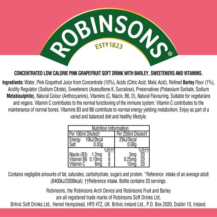 Robinsons pink grapefruit squash 1L, imported from the UK