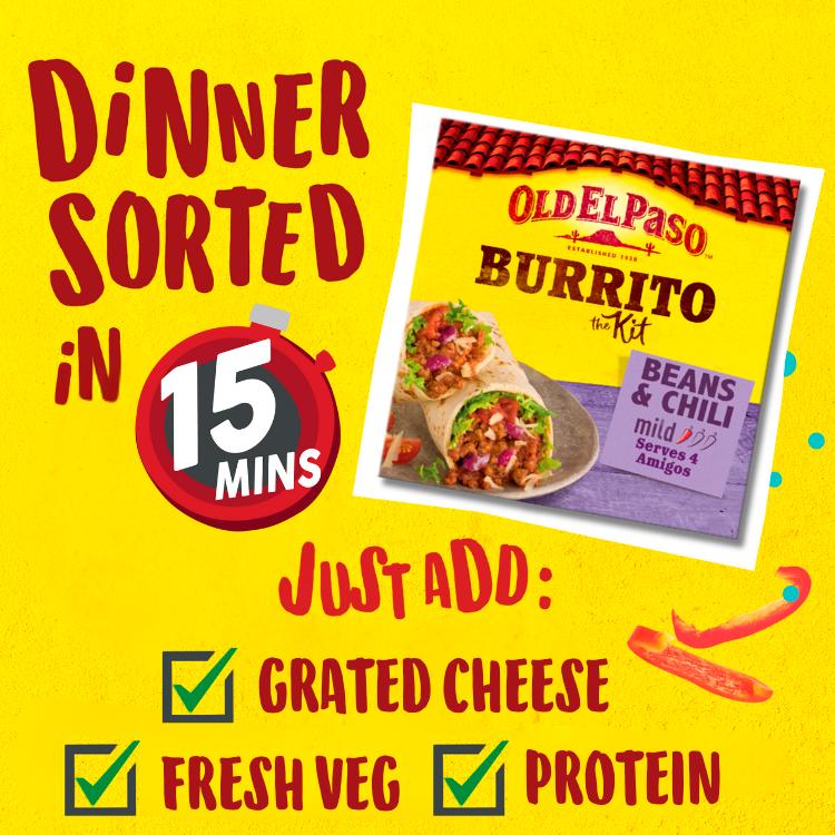 Old El Paso Beef & Bean Burrito Kit 620g, imported from the UK
