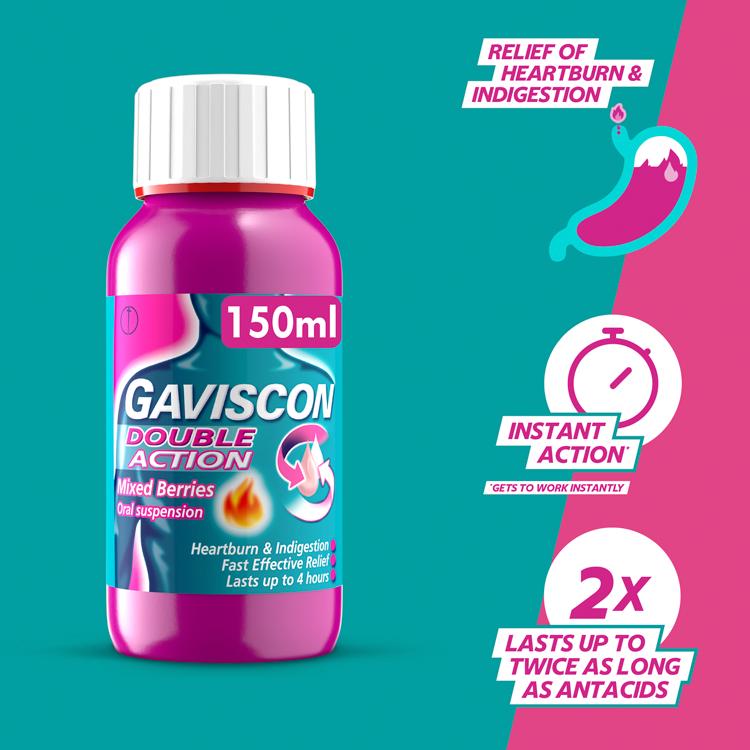 Gaviscon Double Action mixed berries oral suspension 150ml, imported from the UK