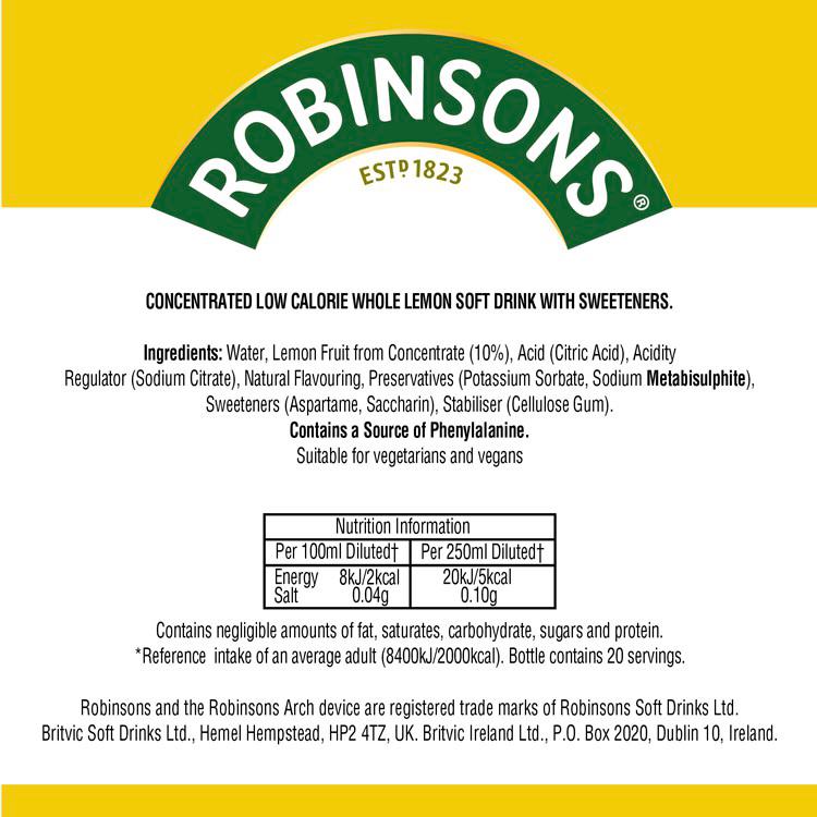 Robinsons lemon squash no added sugar 1L - British product