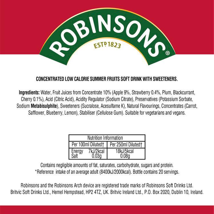 Robinsons summer fruits squash no added sugar 1L, UK version
