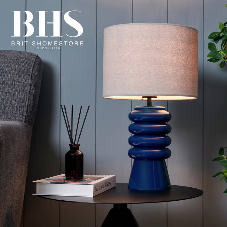 BHS ribbed glass table lamp blue fabric shade, imported from the UK