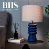 BHS ribbed glass table lamp blue fabric shade, imported from the UK