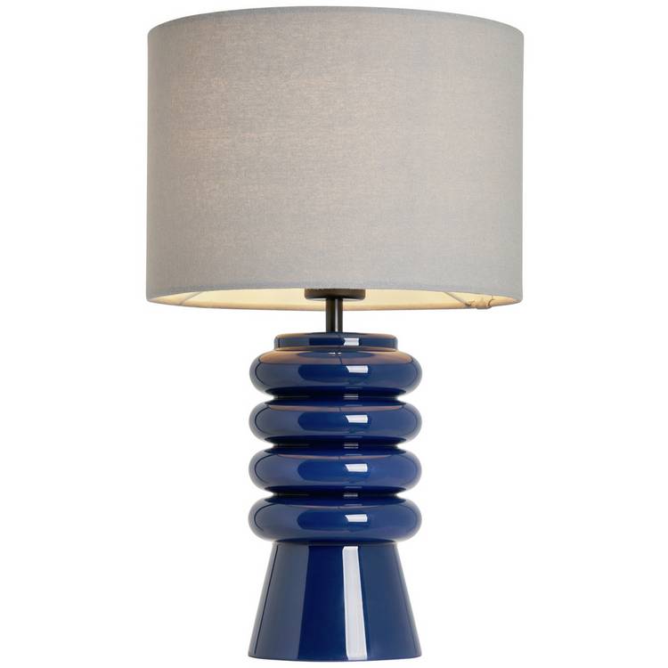 BHS ribbed glass table lamp blue fabric shade, imported from the UK