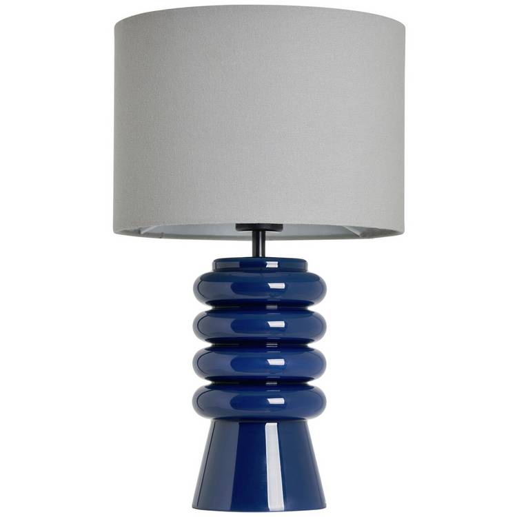 BHS ribbed glass table lamp blue fabric shade, imported from the UK