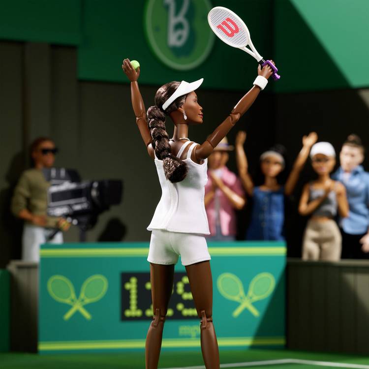 Barbie Venus Williams fashion doll with tennis racket, UK version