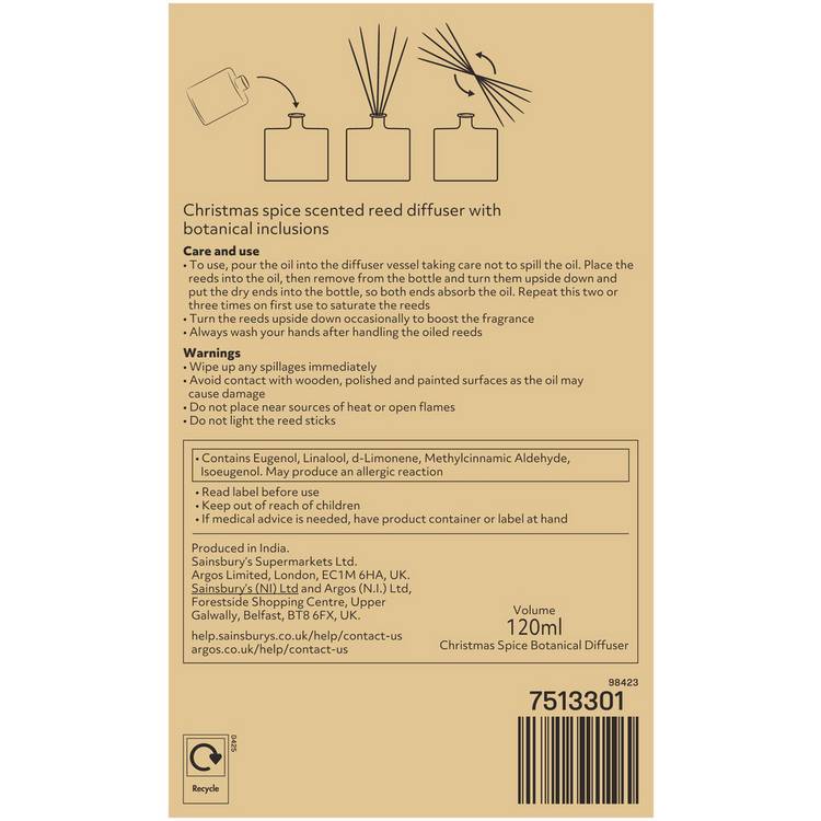 Argos Home Botanic Christmas Spice reed diffuser 120ml - British product