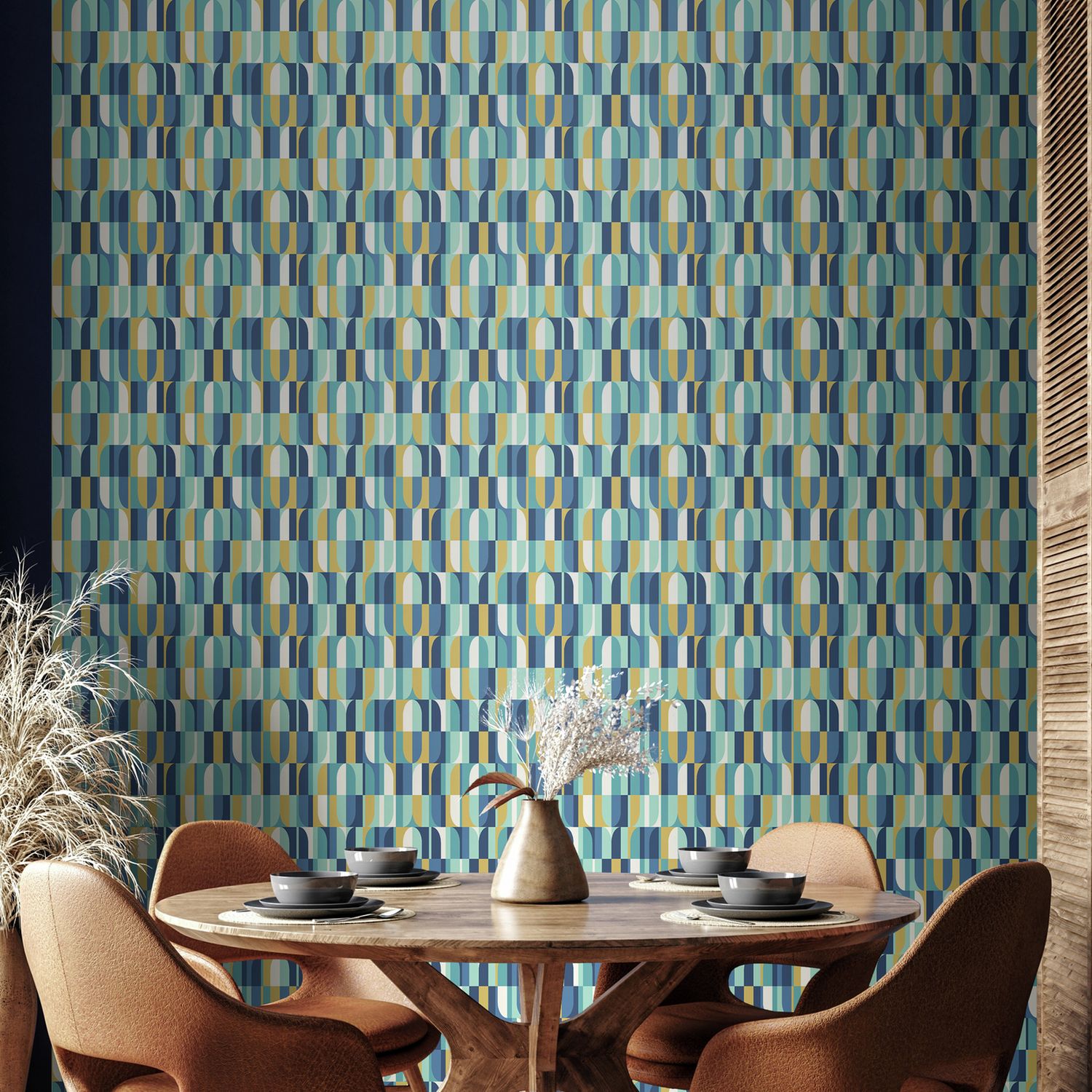 Hoopla Walls building blocks wallpaper indigo gold, imported from the UK