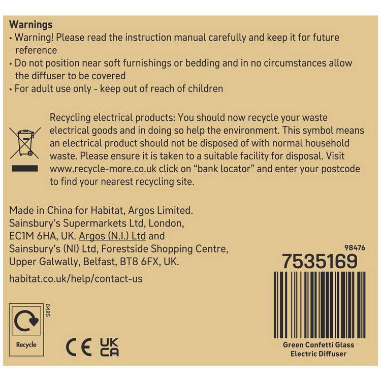 Habitat confetti glass electric diffuser, imported from the UK