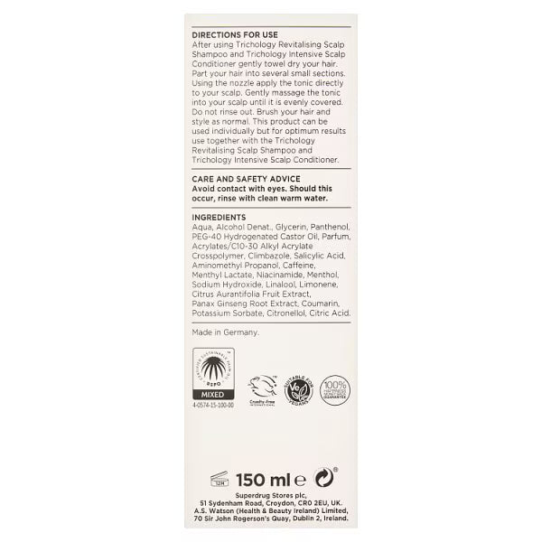 Superdrug Trichology Tonic Scalp Solution 150ml (British brand)