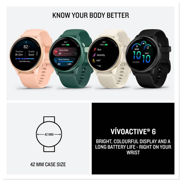 Garmin Vivoactive 6 GPS smart watch 42mm Pink Dawn, imported from the UK