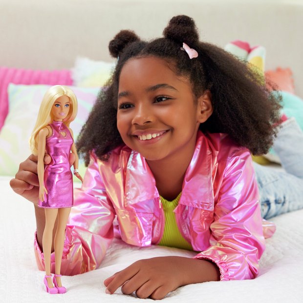 Barbie Fashionistas doll blond hair metallic pink minidress 32cm, UK version