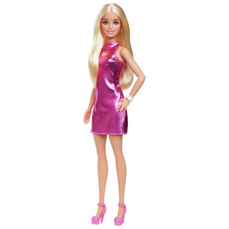 Barbie Fashionistas doll blond hair metallic pink minidress 32cm, UK version