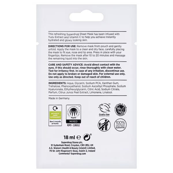 Superdrug Hydrating Yuzu Sheet Mask (British brand)
