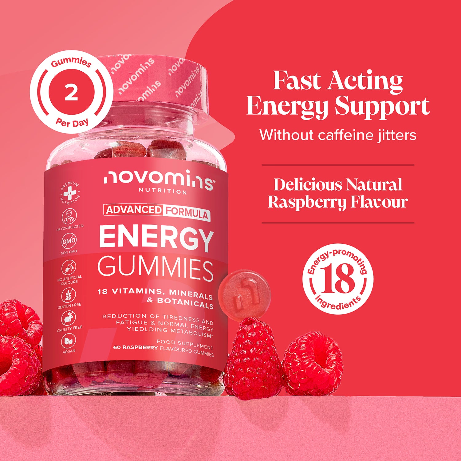 Novomins Energy Gummies Raspberry Flavour 60 Gummies, UK version
