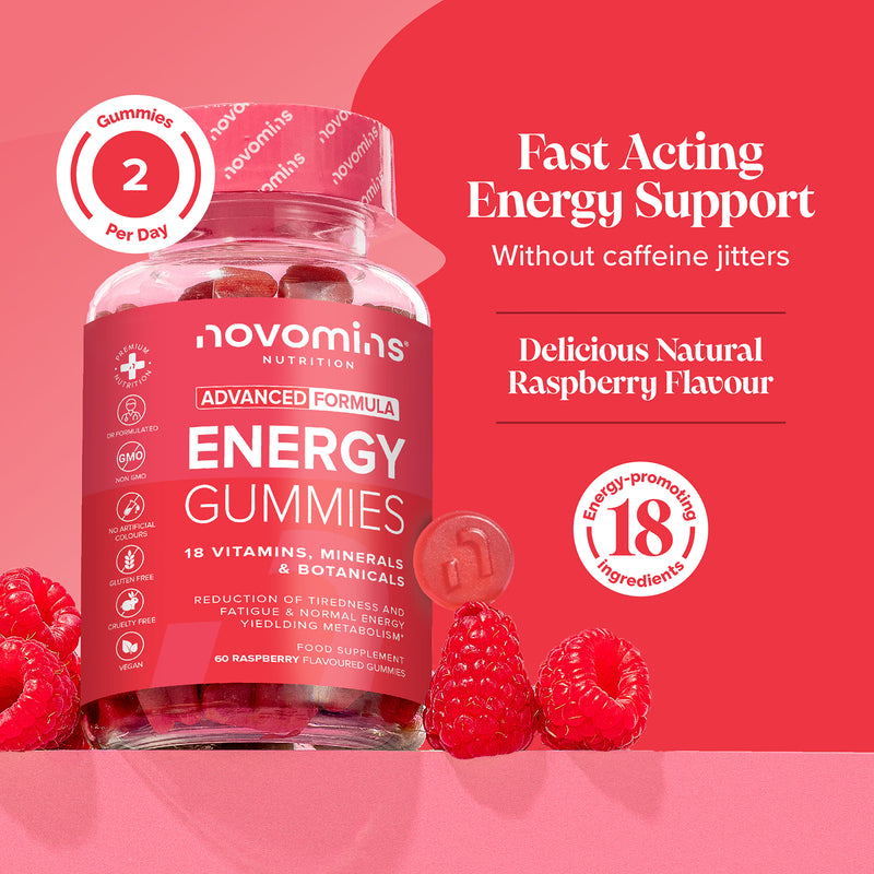 Novomins Energy Gummies Raspberry Flavour 60 Gummies, UK version
