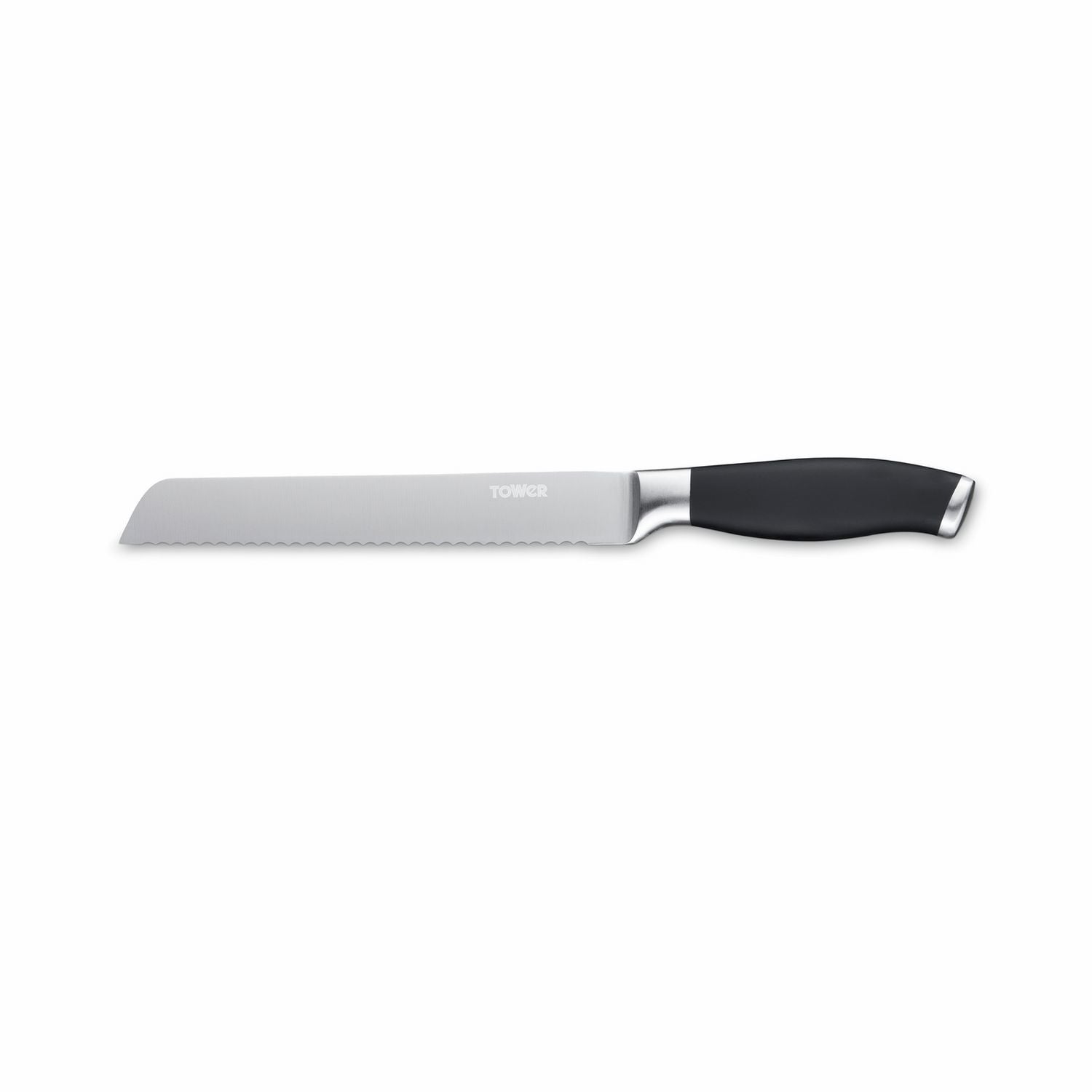 Tower soft grip bread knife black and silver 20cm, imported from the UK