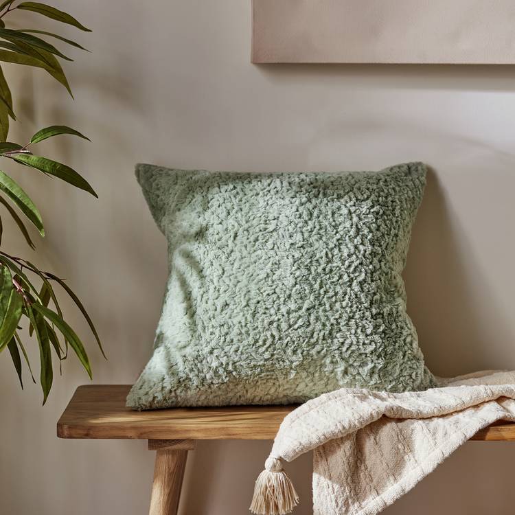 Habitat faux fur cushion sage 43x43cm, imported from the UK