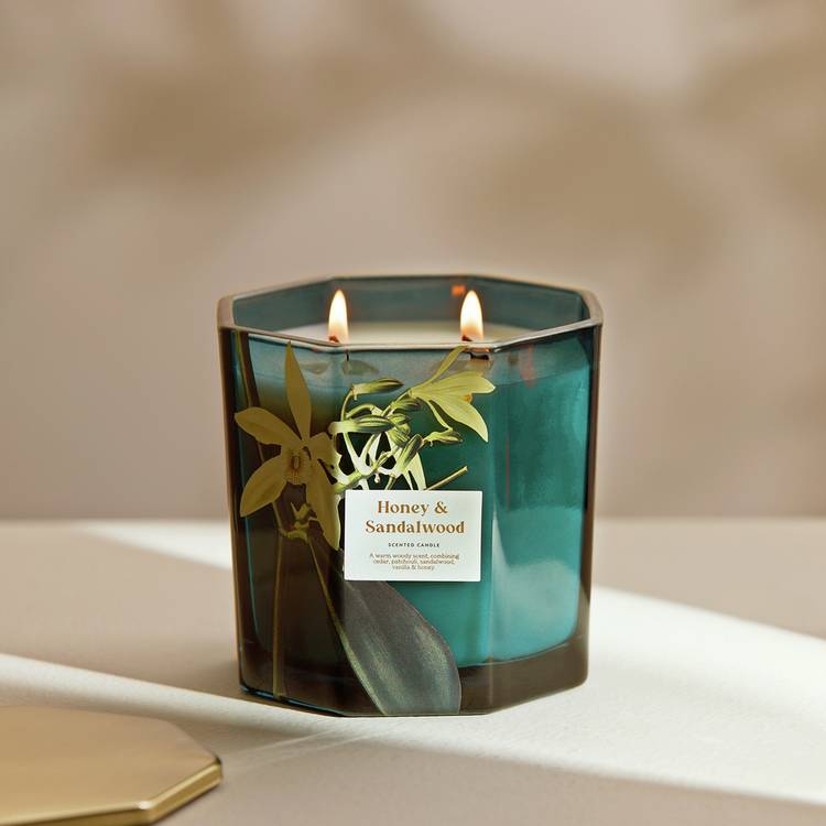 Habitat honey sandalwood multiwick candle blue glass holder, UK version