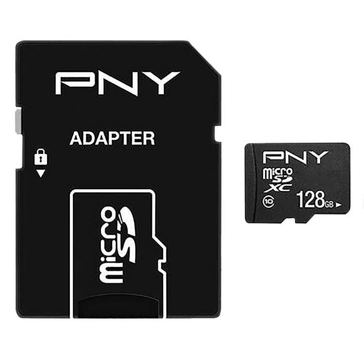 PNY microSD 128GB memory card with adaptor, imported from the UK